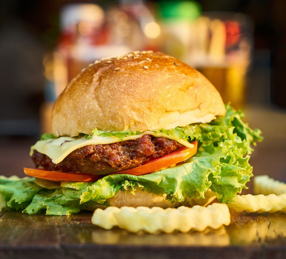A generously filled burger