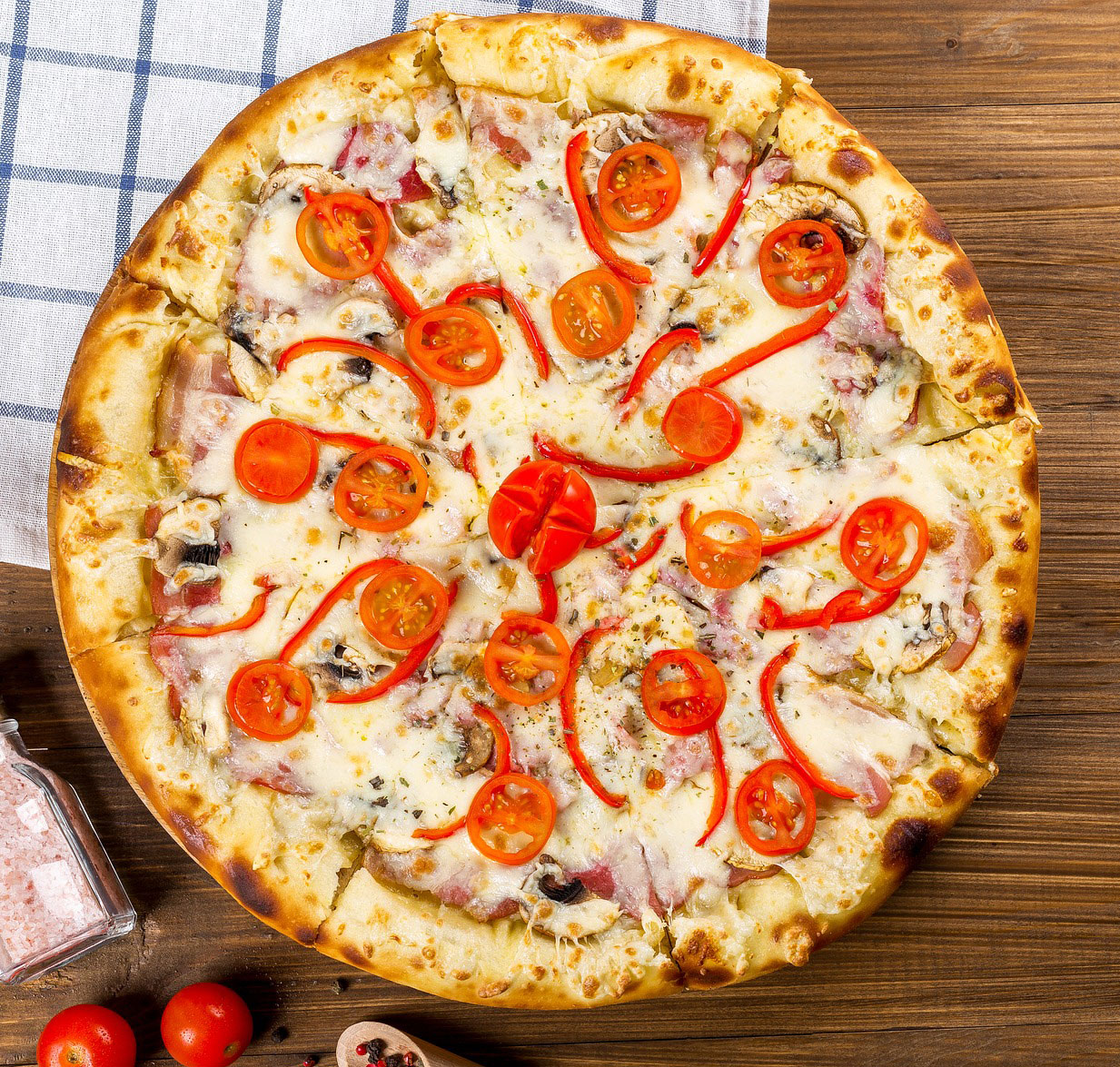 Pizza with a golden crust and savoury toppings